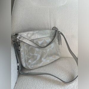 Coach Zoe Signature C Canvas Leather Hobo Shoulder Bag in silver